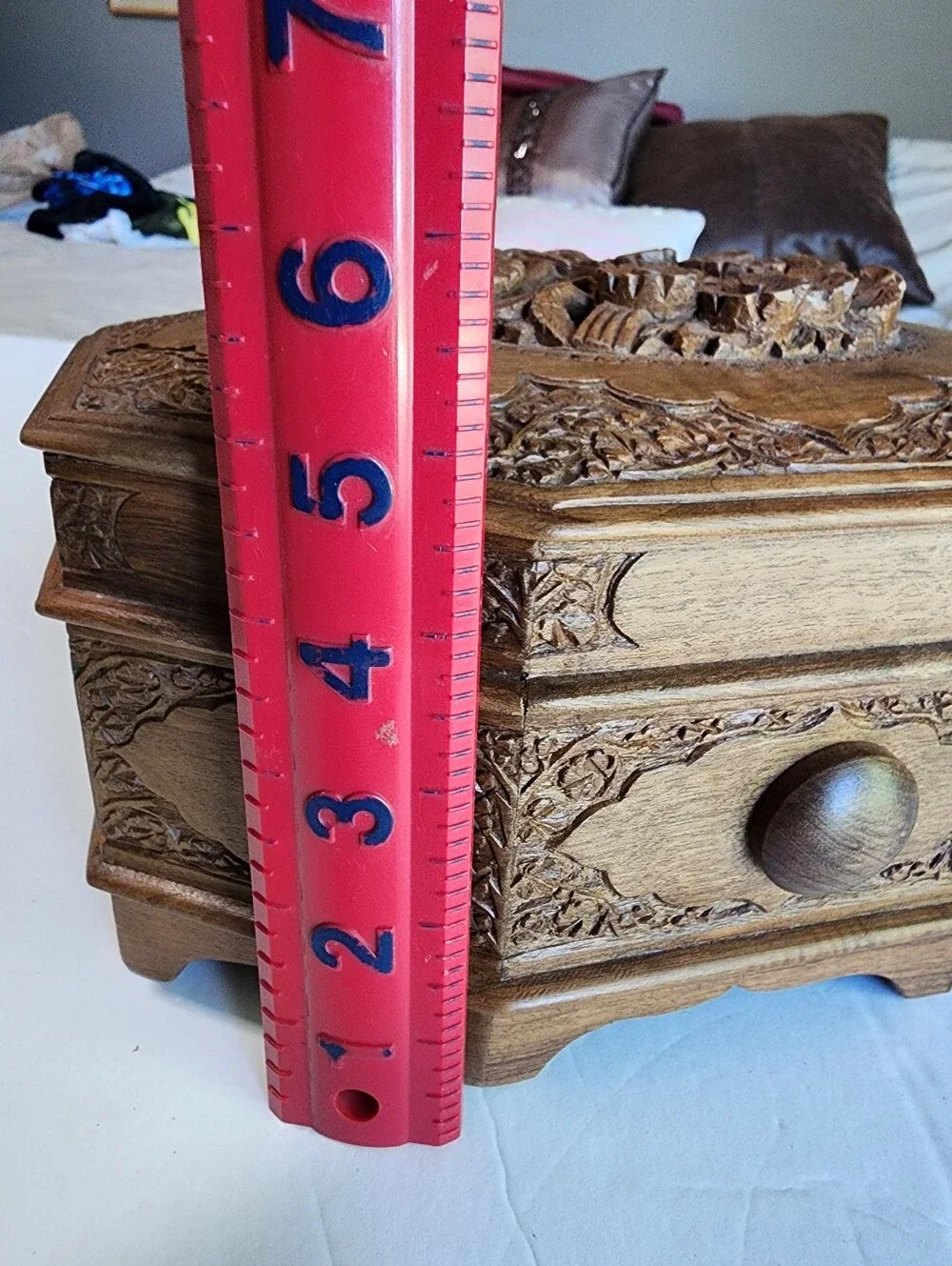 Vintage Mid Century Hand Carved Natural Wood Jewelry Box 2 Lined Layers